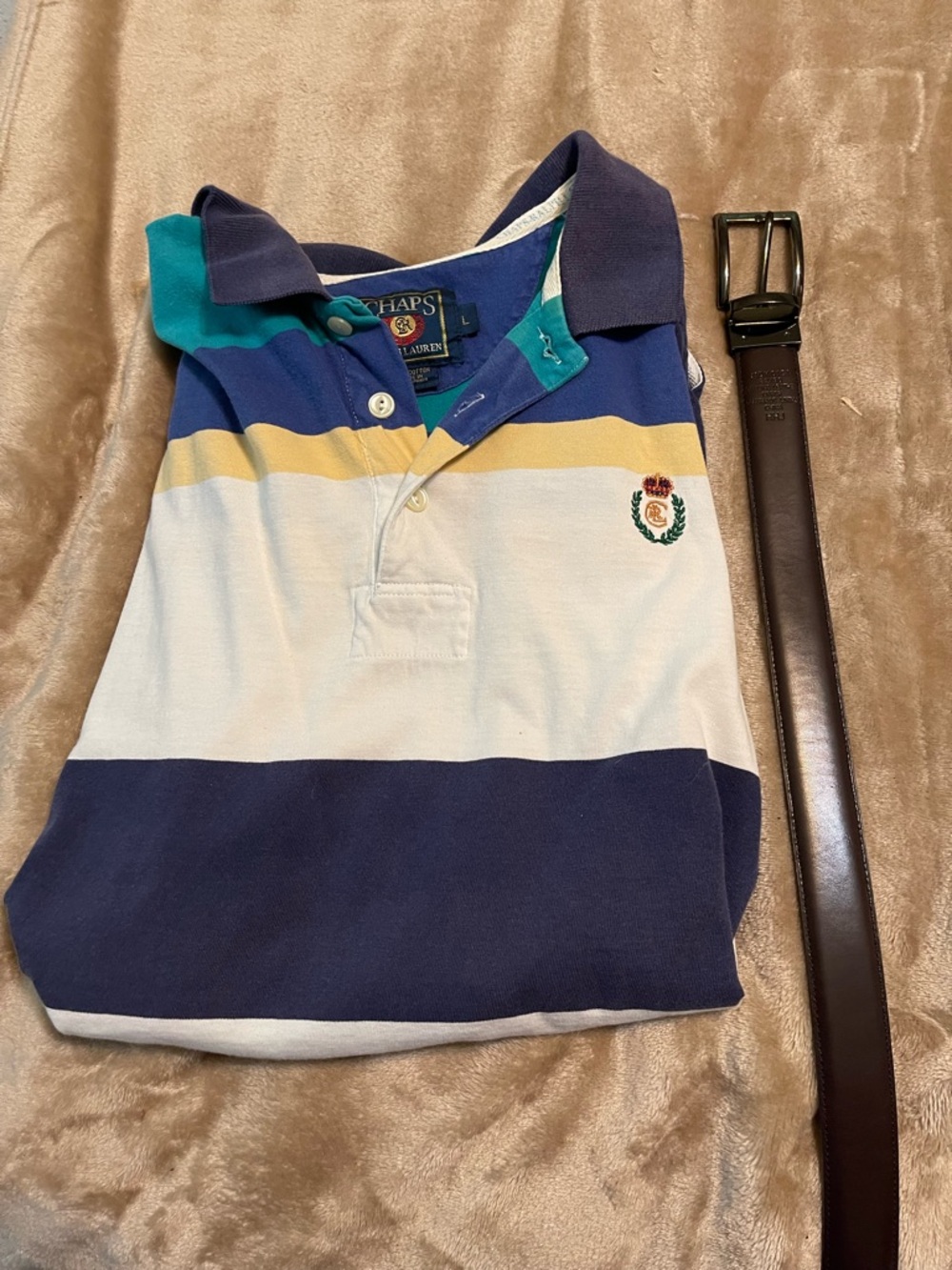 Chaps Ralph Lauren Striped Rugby Polo Shirt, Size L & Men’s Dockers Belt Size 32